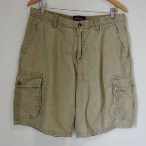 Khaki Cargo Shorts Flat Front Eddie Bauer Linen Cotton Utility Pockets Size 34